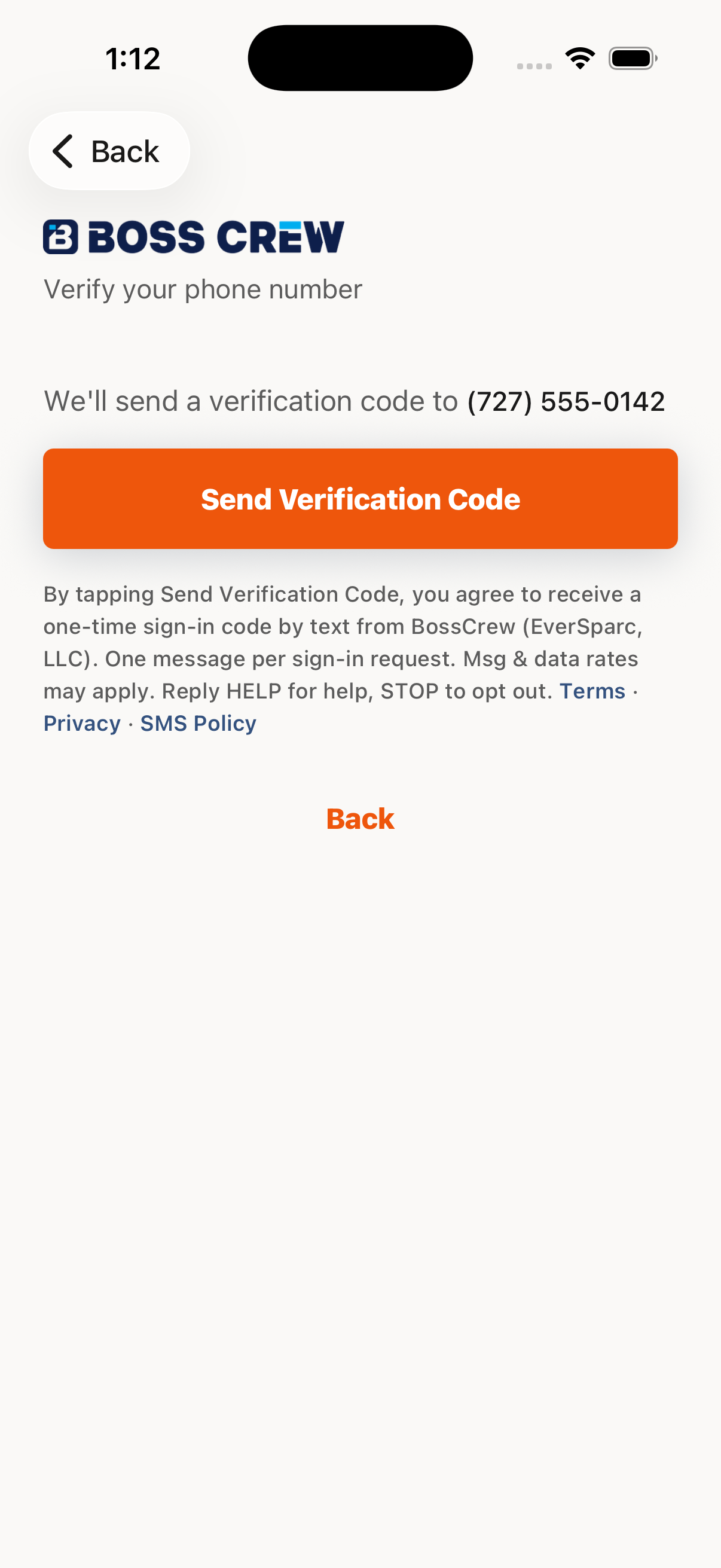 BossCrew mobile app, joining a team with a setup code: Send Verification Code button with the text-message consent disclosure and links to Terms, Privacy and SMS Policy directly beneath