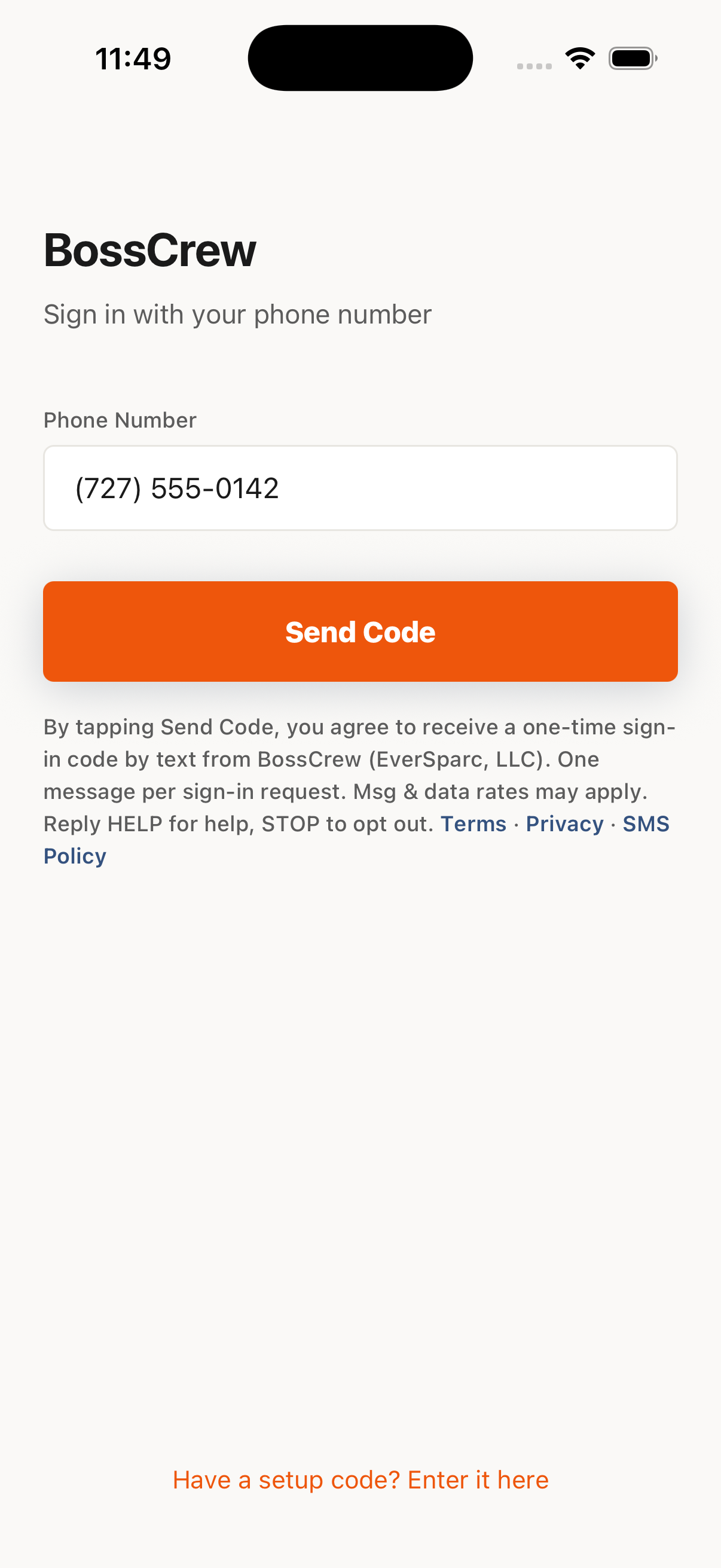 BossCrew mobile app phone sign-in: phone number field and Send Code button, with the text-message consent disclosure directly beneath