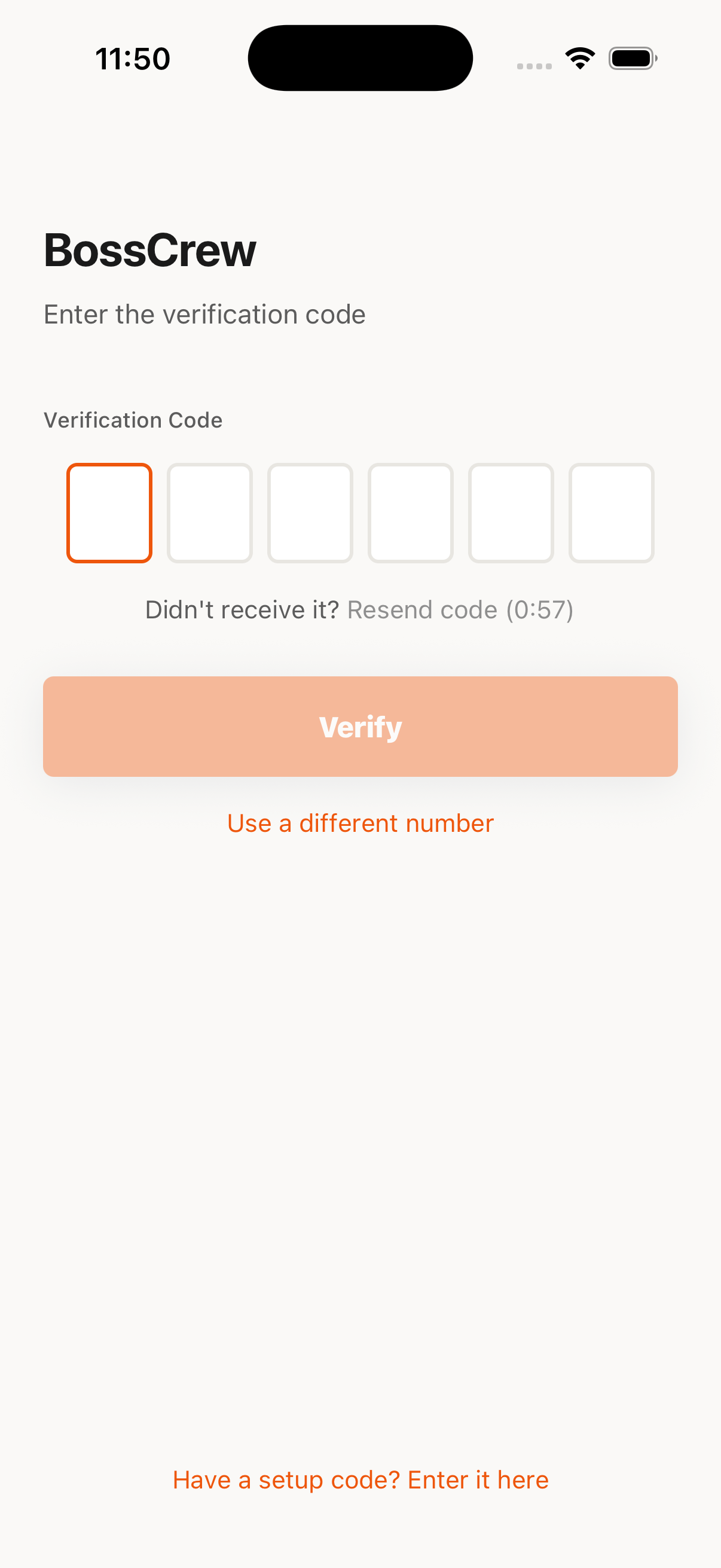 BossCrew mobile app after tapping Send Code: verification code entry