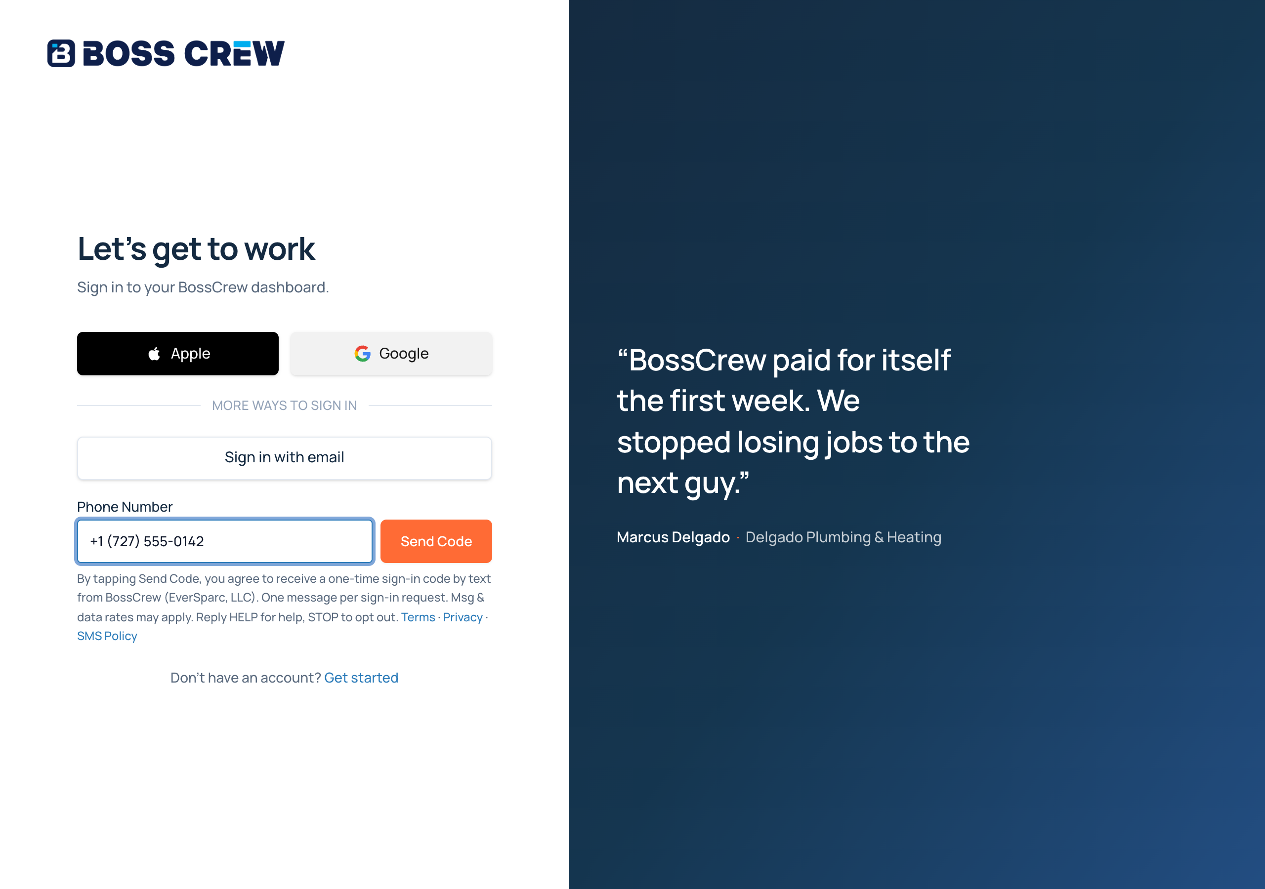 BossCrew web sign-in: phone number field and Send Code button, with the text-message consent disclosure and links to Terms, Privacy and SMS Policy directly beneath