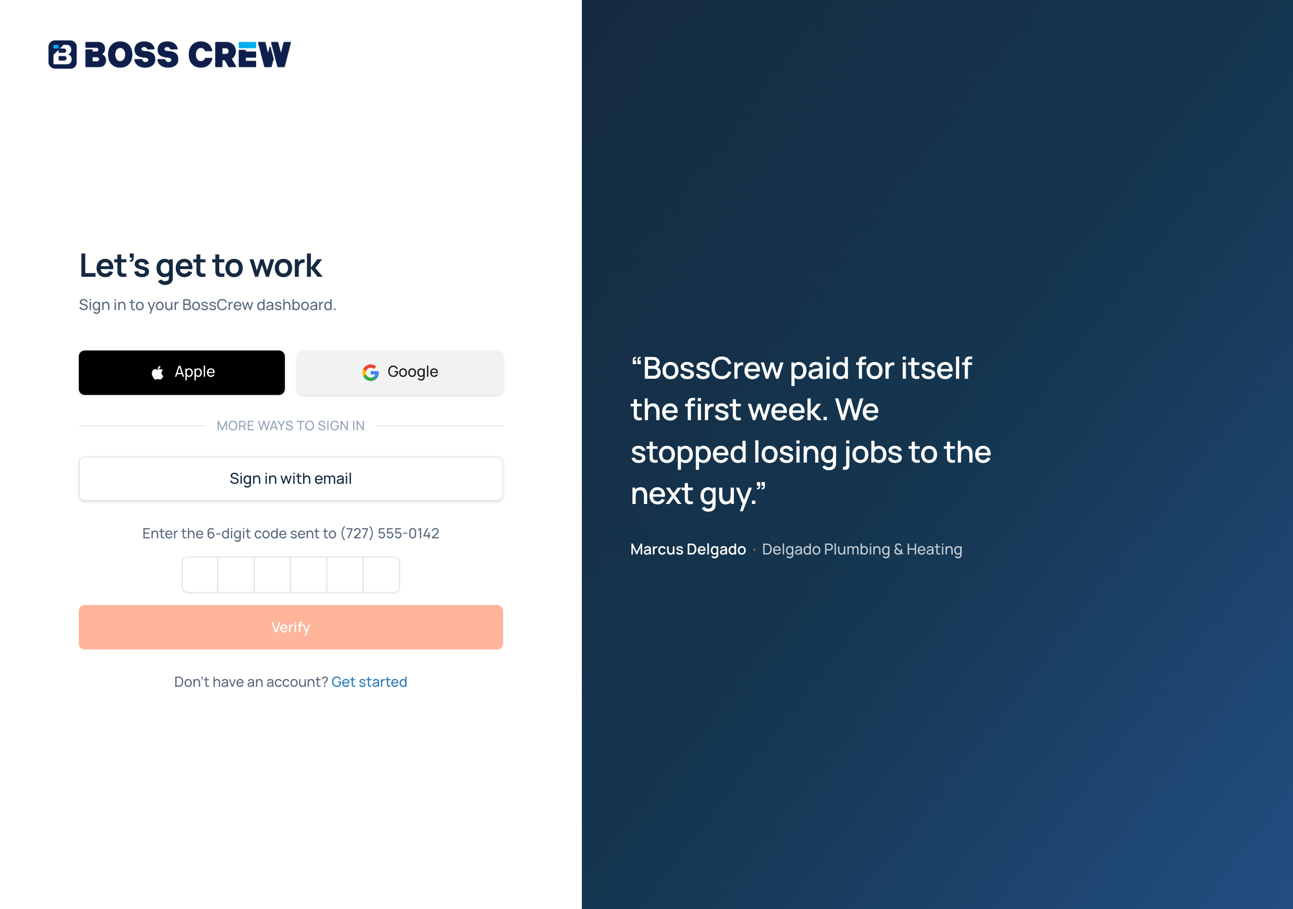 BossCrew web sign-in after tapping Send Code: six-digit code entry