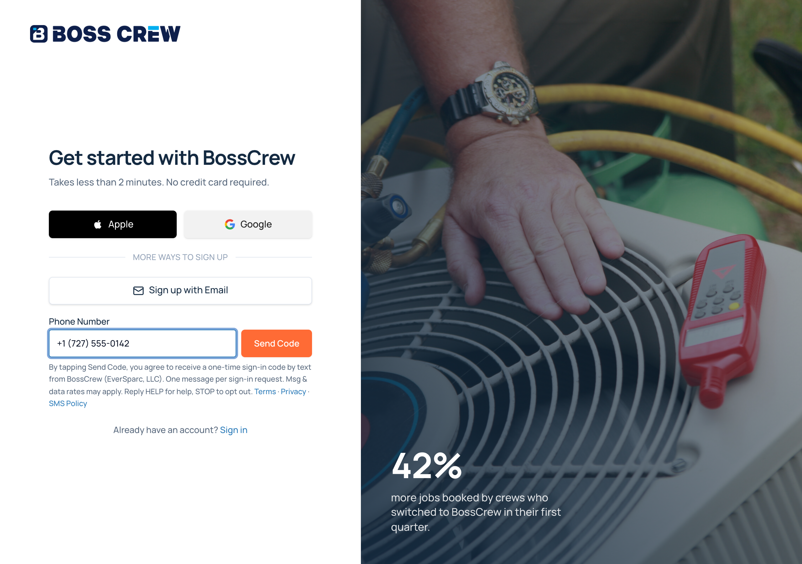 BossCrew web sign-up: phone number field and Send Code button, with the text-message consent disclosure directly beneath