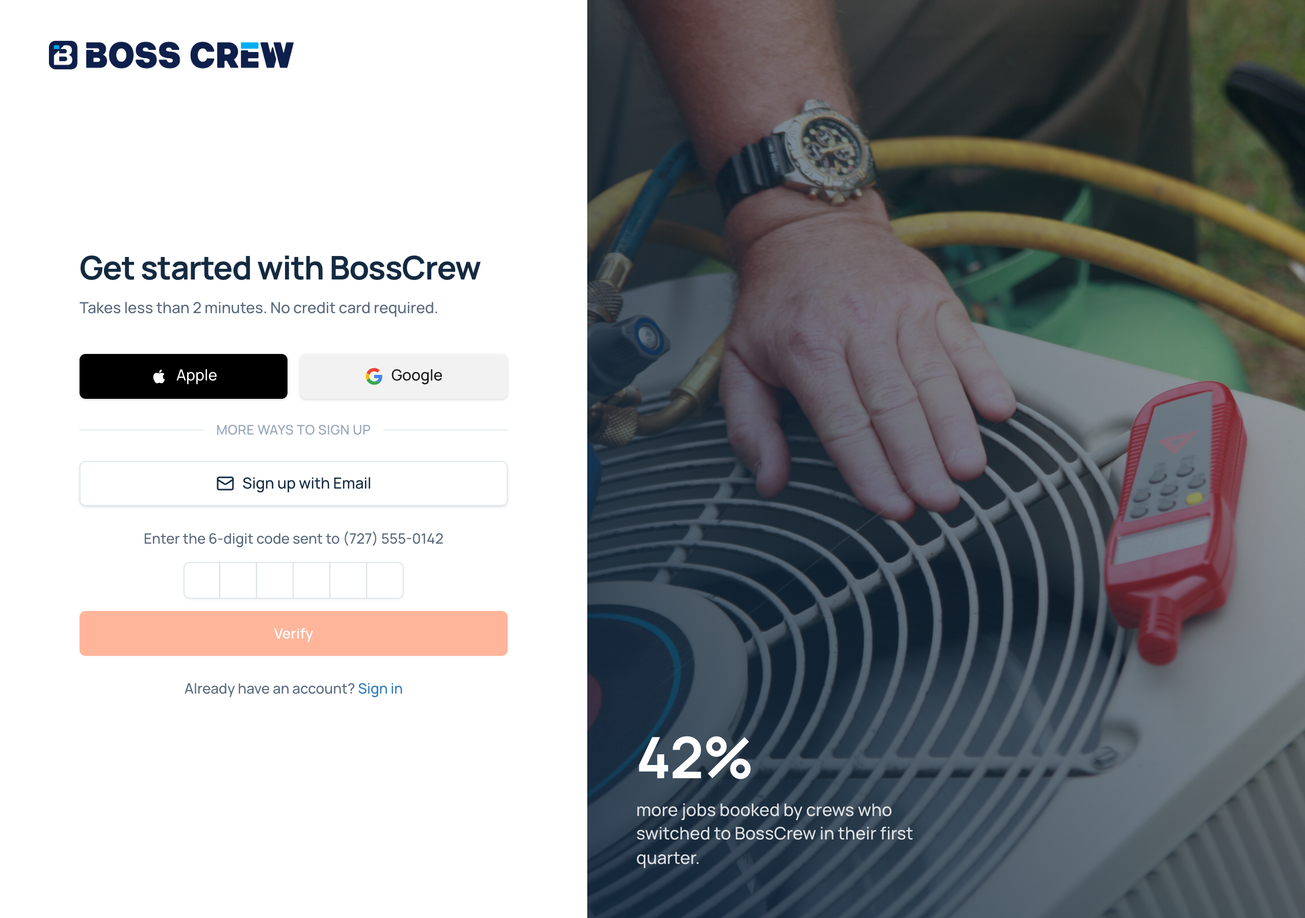 BossCrew web sign-up after tapping Send Code: six-digit code entry